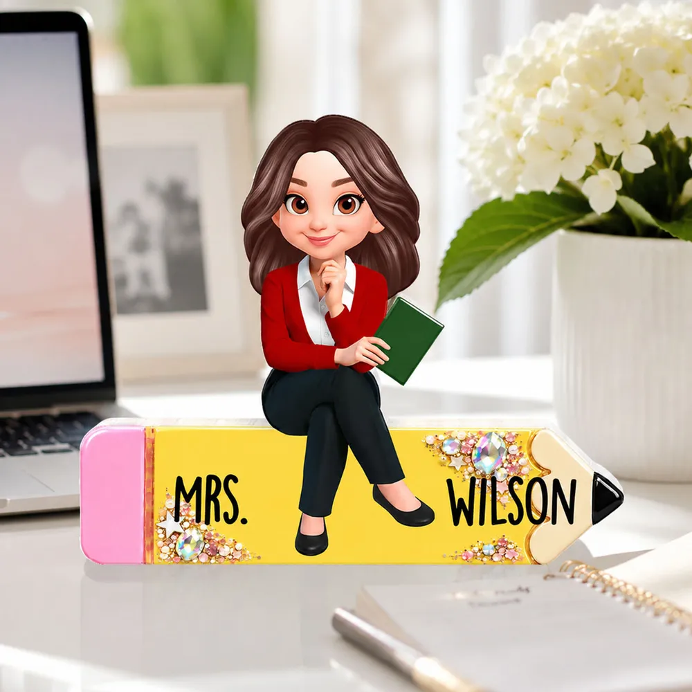 Personalized Shaped Acrylic Block Plaque, Teacher Sitting On Pencil, Unique Gift For Teacher Desk Decor - Image 2
