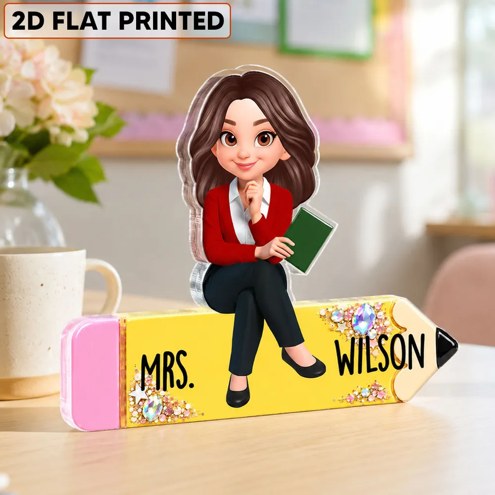 Personalized Shaped Acrylic Block Plaque, Teacher Sitting On Pencil, Unique Gift For Teacher Desk Decor - Image 3