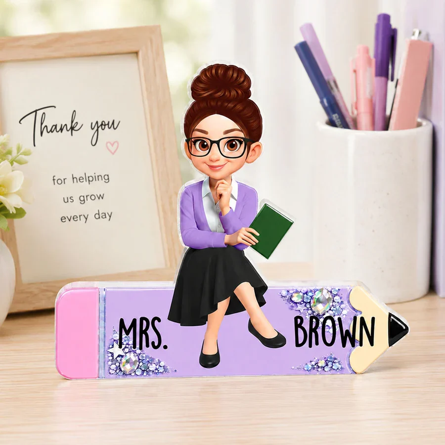 Personalized Shaped Acrylic Block Plaque, Teacher Sitting On Pencil, Unique Gift For Teacher Desk Decor - Image 5