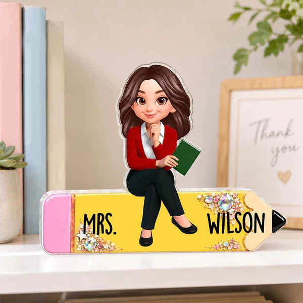 Personalized Shaped Acrylic Block Plaque, Teacher Sitting On Pencil, Unique Gift For Teacher Desk Decor - Image 6