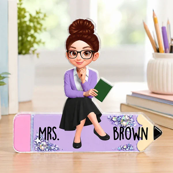 Personalized Shaped Acrylic Block Plaque, Teacher Sitting On Pencil, Unique Gift For Teacher Desk Decor - Image 7