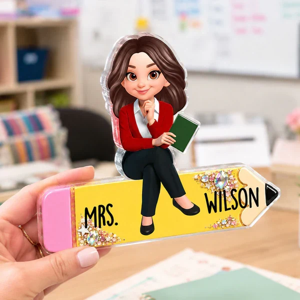 Personalized Shaped Acrylic Block Plaque, Teacher Sitting On Pencil, Unique Gift For Teacher Desk Decor - Image 8