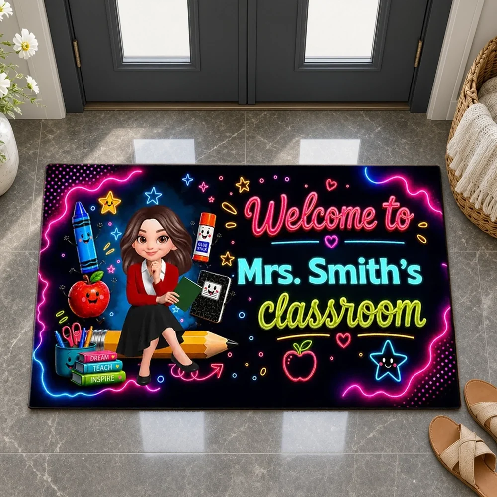 Neon Classroom Standard Doormat, Personalized Teacher Welcome, Unique Creative Gift for Back to School