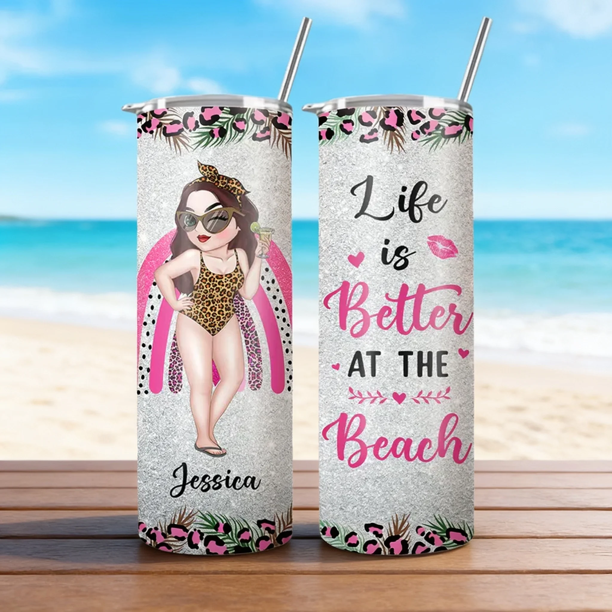 Personalized Straight-Sided Cup, Beach Girl Illustration, Life Is Better at the Beach, Unique Gift for Women