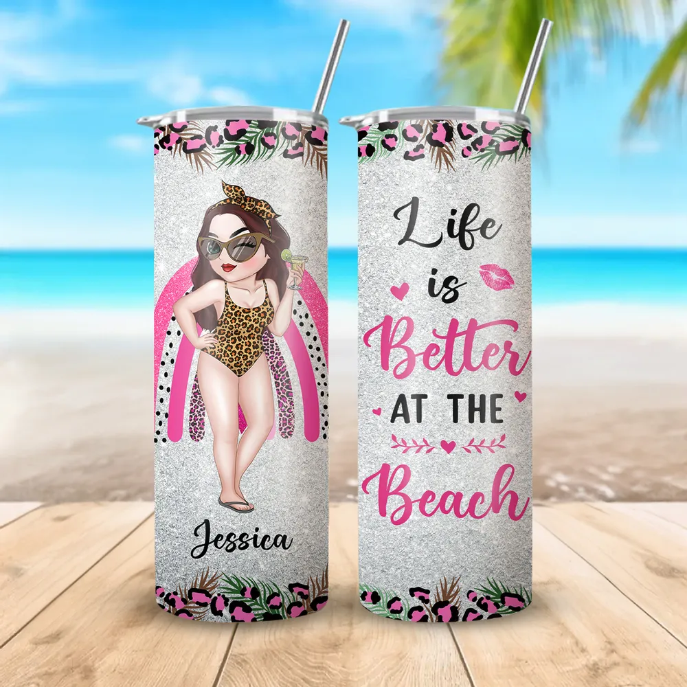 Personalized Straight-Sided Cup, Beach Girl Illustration, Life Is Better at the Beach, Unique Gift for Women - Image 2