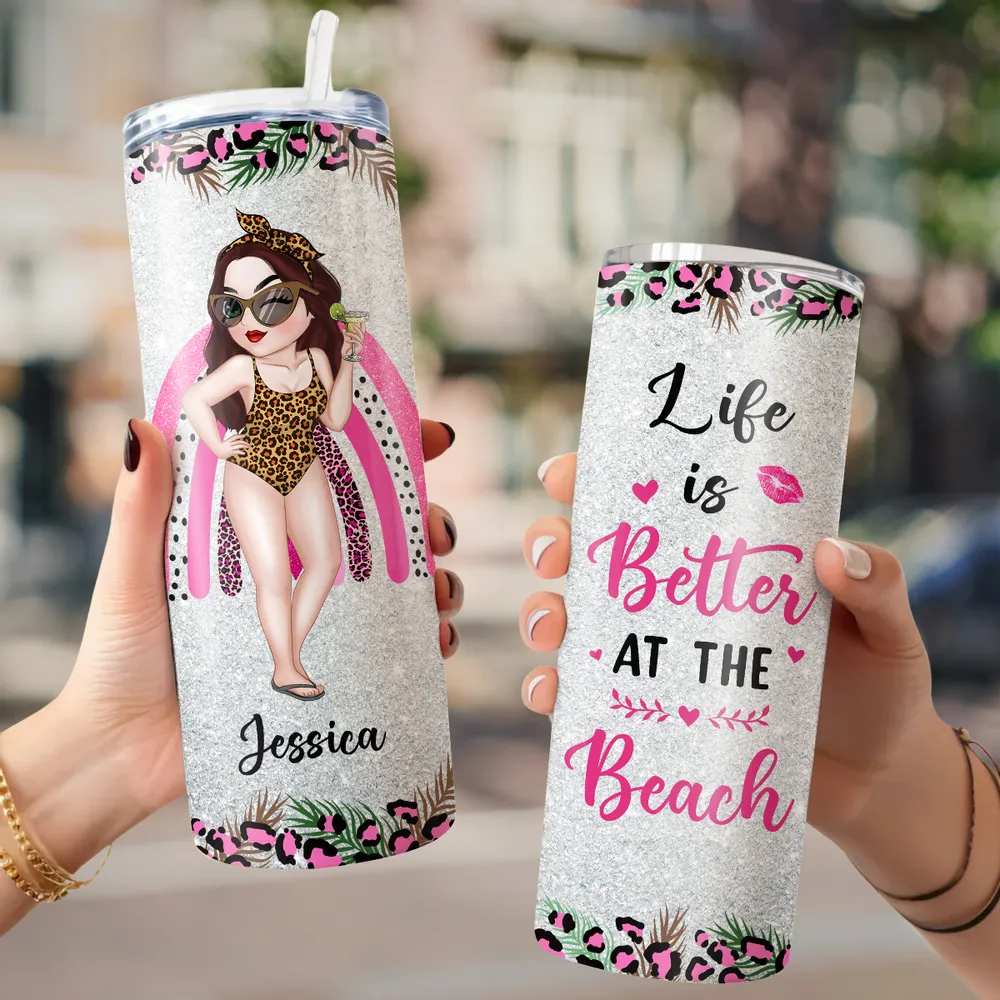 Personalized Straight-Sided Cup, Beach Girl Illustration, Life Is Better at the Beach, Unique Gift for Women - Image 3