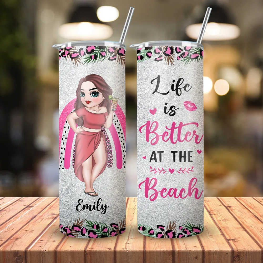 Personalized Straight-Sided Cup, Beach Girl Illustration, Life Is Better at the Beach, Unique Gift for Women - Image 5