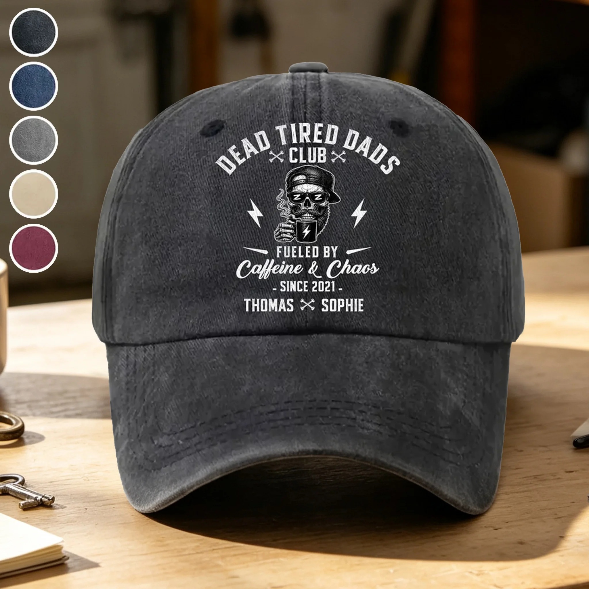 Personalized Washed Denim Baseball Cap for Dad, Dead Tired Dads Club Coffee Graphic, Unique Gift