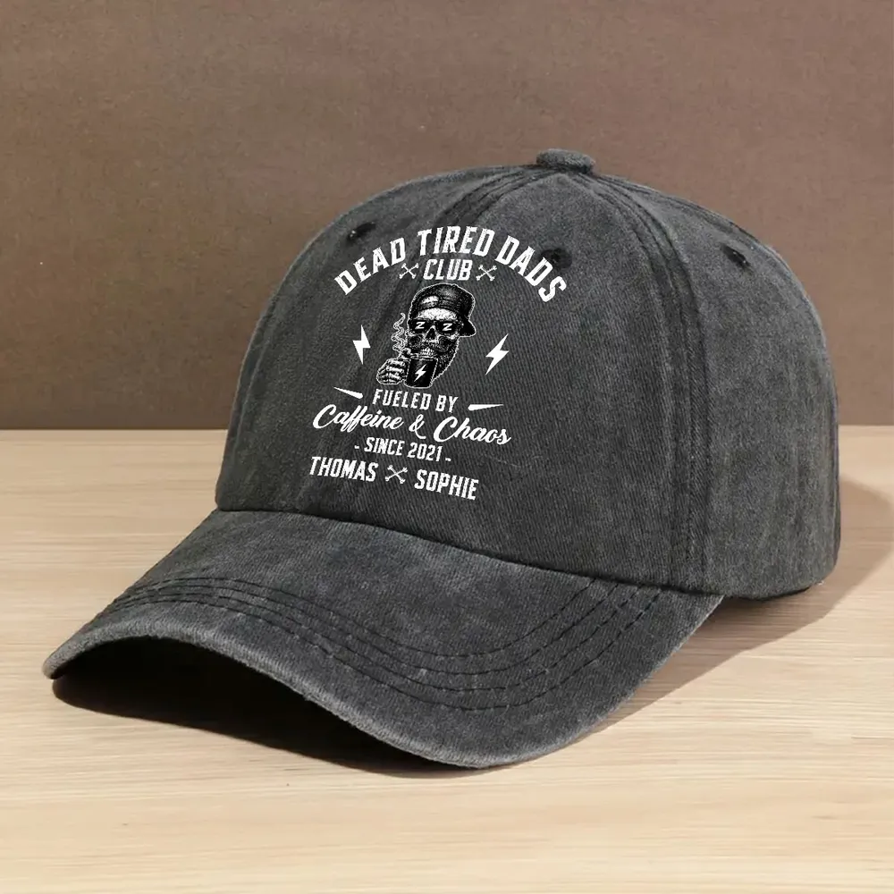 Personalized Washed Denim Baseball Cap for Dad, Dead Tired Dads Club Coffee Graphic, Unique Gift - Image 2