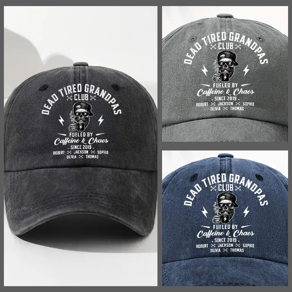 Personalized Washed Denim Baseball Cap for Dad, Dead Tired Dads Club Coffee Graphic, Unique Gift - Image 3