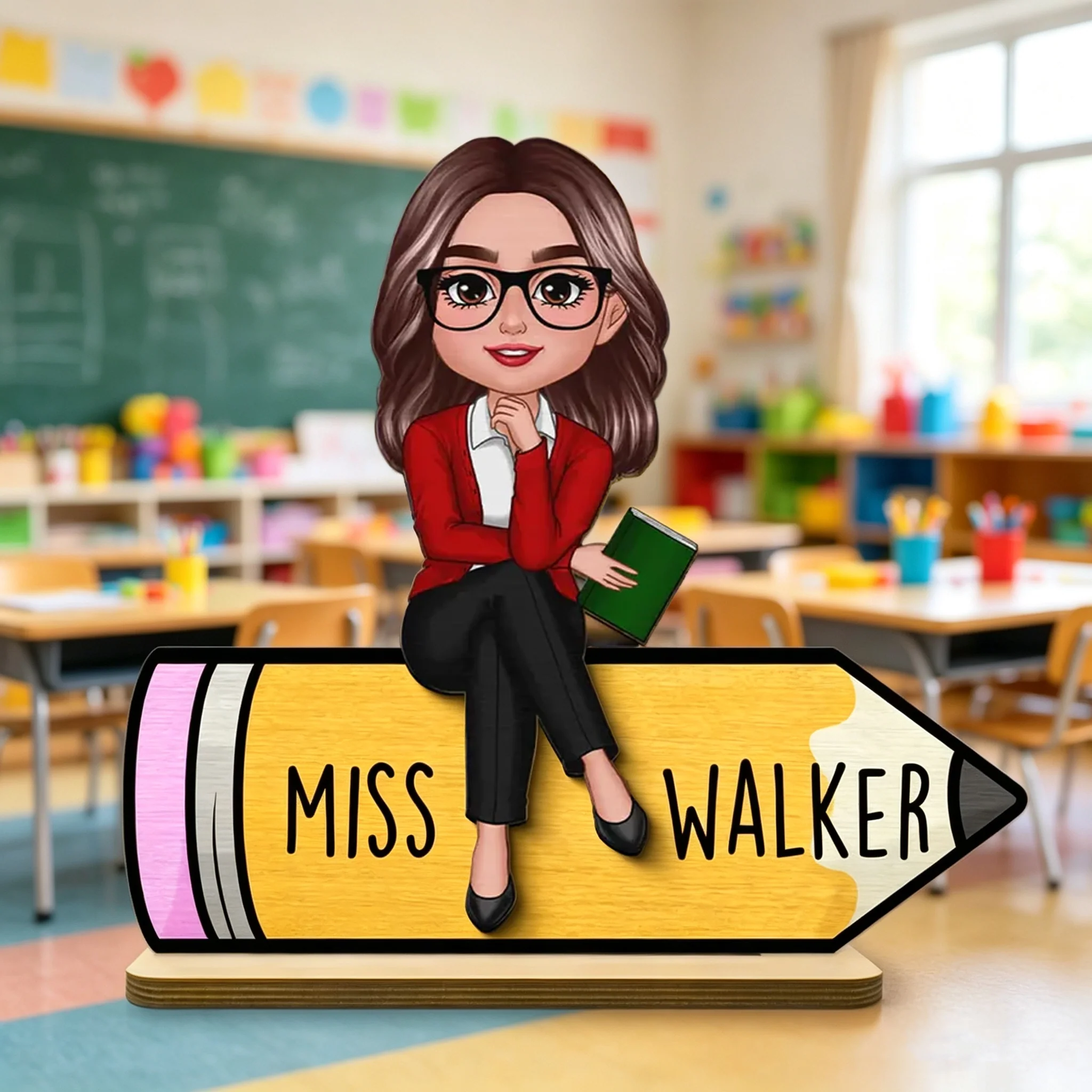 Personalized 2-Layer Wooden Plaque, Cartoon Teacher On Pencil, Unique Gift For Classroom Desk