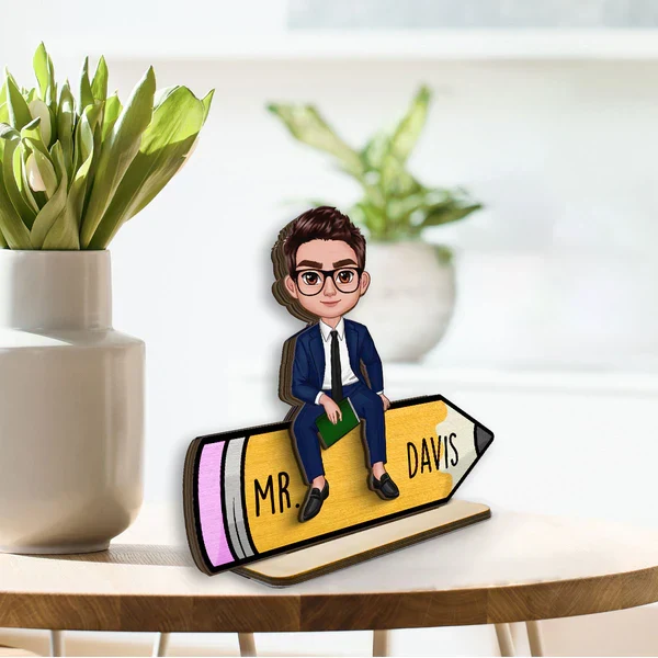 Personalized 2-Layer Wooden Plaque, Cartoon Teacher On Pencil, Unique Gift For Classroom Desk - Image 2