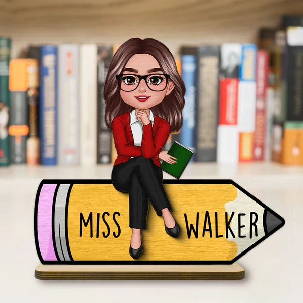 Personalized 2-Layer Wooden Plaque, Cartoon Teacher On Pencil, Unique Gift For Classroom Desk - Image 3