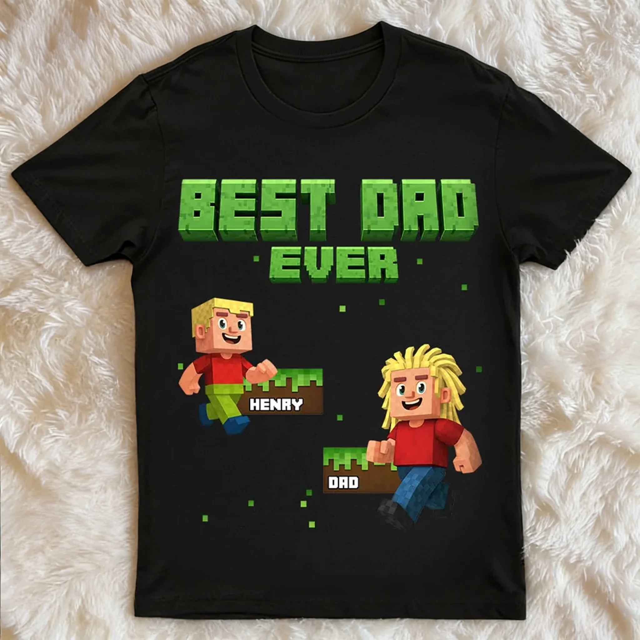 Classic Tee, Custom Pixel Game Dad & Child Graphic, Black Shirt, Unique Creative Gift For Dad