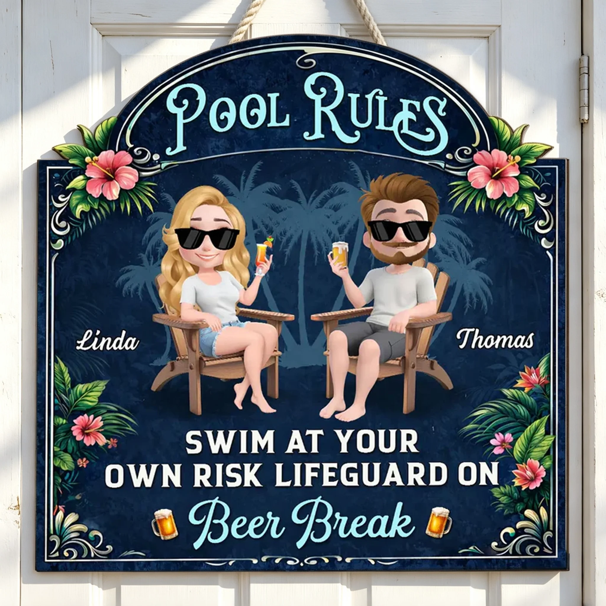 Personalized Wooden Sign With Seated Poolside Couple & Drinks, Unique Gift for Backyard Decor