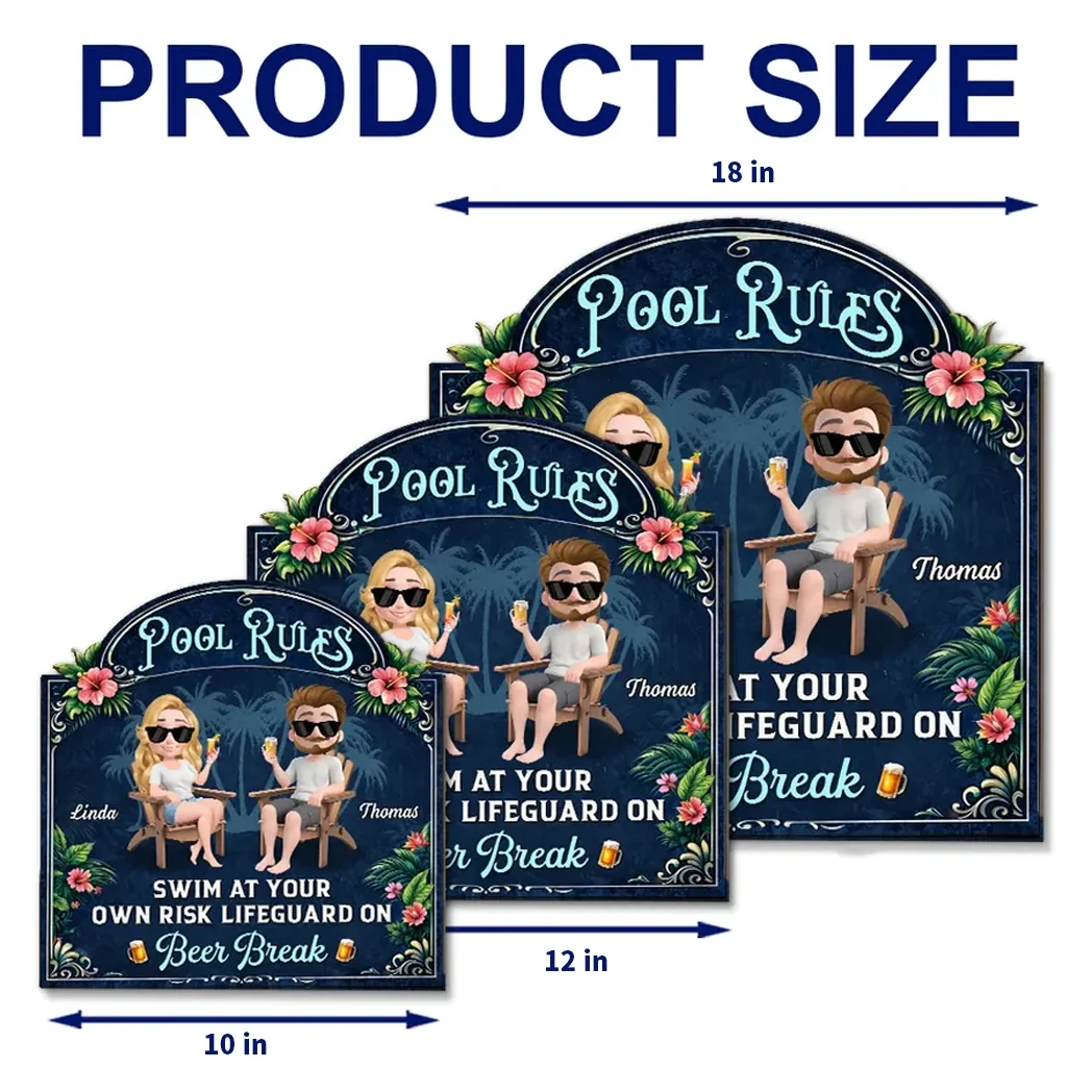 Personalized Wooden Sign With Seated Poolside Couple & Drinks, Unique Gift for Backyard Decor - Image 4