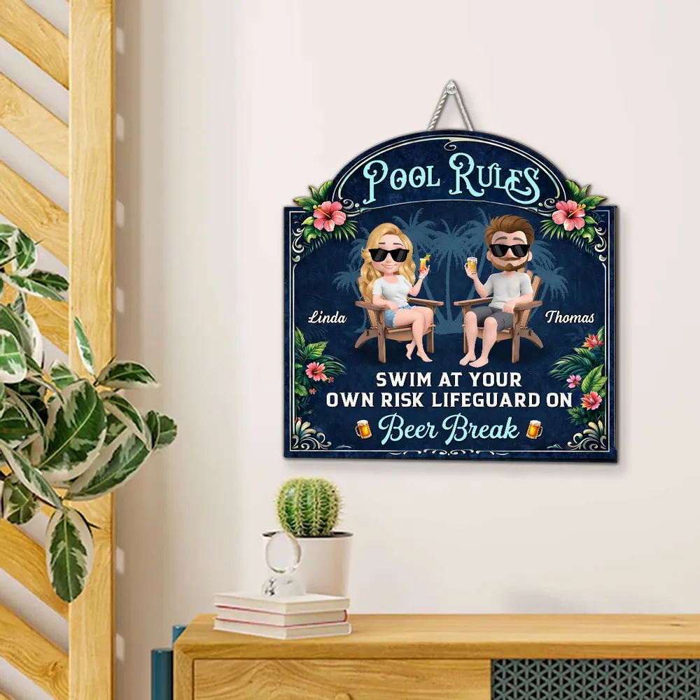 Personalized Wooden Sign With Seated Poolside Couple & Drinks, Unique Gift for Backyard Decor - Image 5