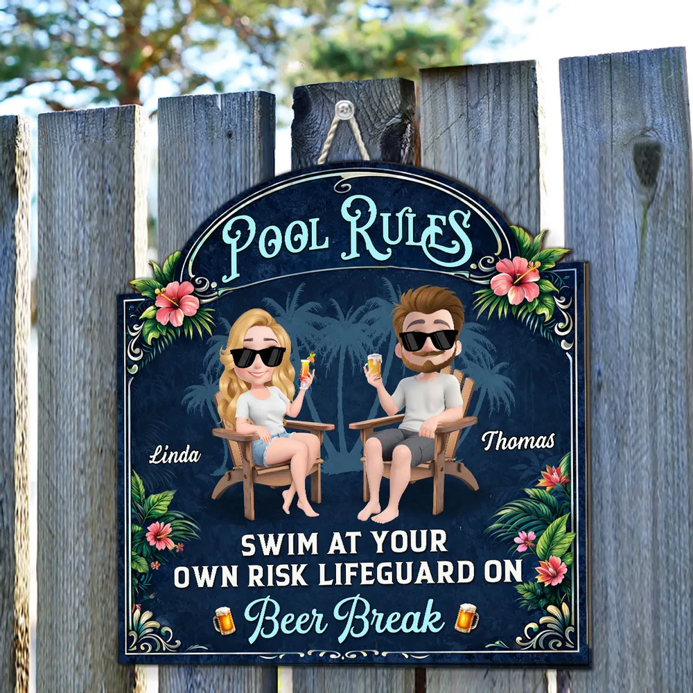 Personalized Wooden Sign With Seated Poolside Couple & Drinks, Unique Gift for Backyard Decor - Image 6
