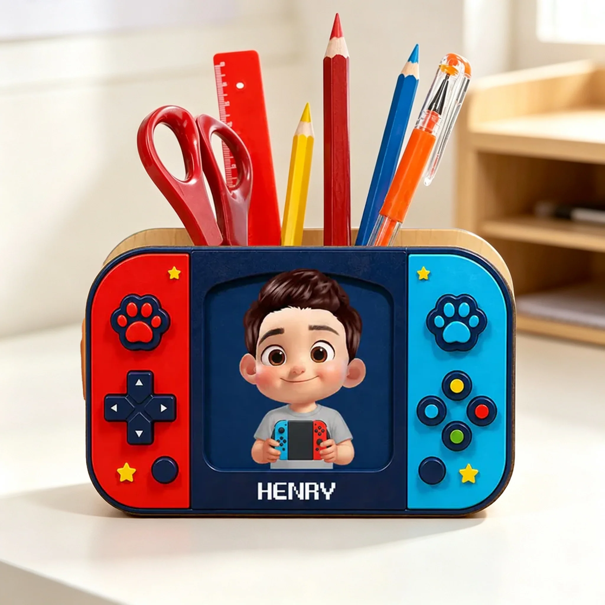 Personalized Wooden Pen Holder, Cute Gamer Boy Holding Controller, Unique Back To School Gift For Kids