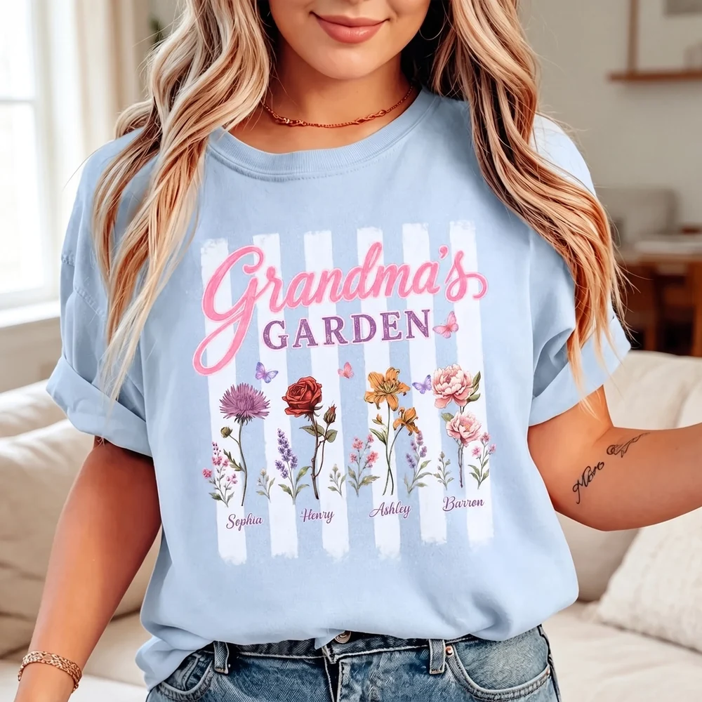 Personalized Grandma's Garden Classic Tee, Floral Stripe Unique Gift for Grandma