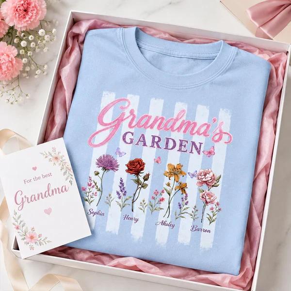 Personalized Grandma's Garden Classic Tee, Floral Stripe Unique Gift for Grandma - Image 4