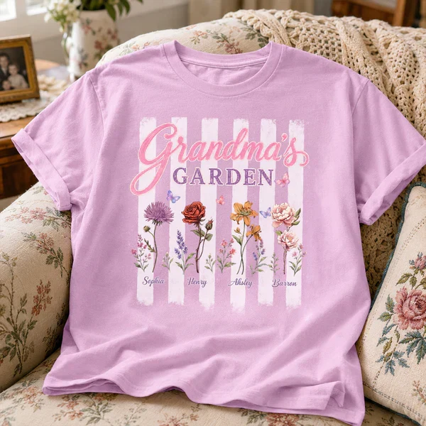 Personalized Grandma's Garden Classic Tee, Floral Stripe Unique Gift for Grandma - Image 6