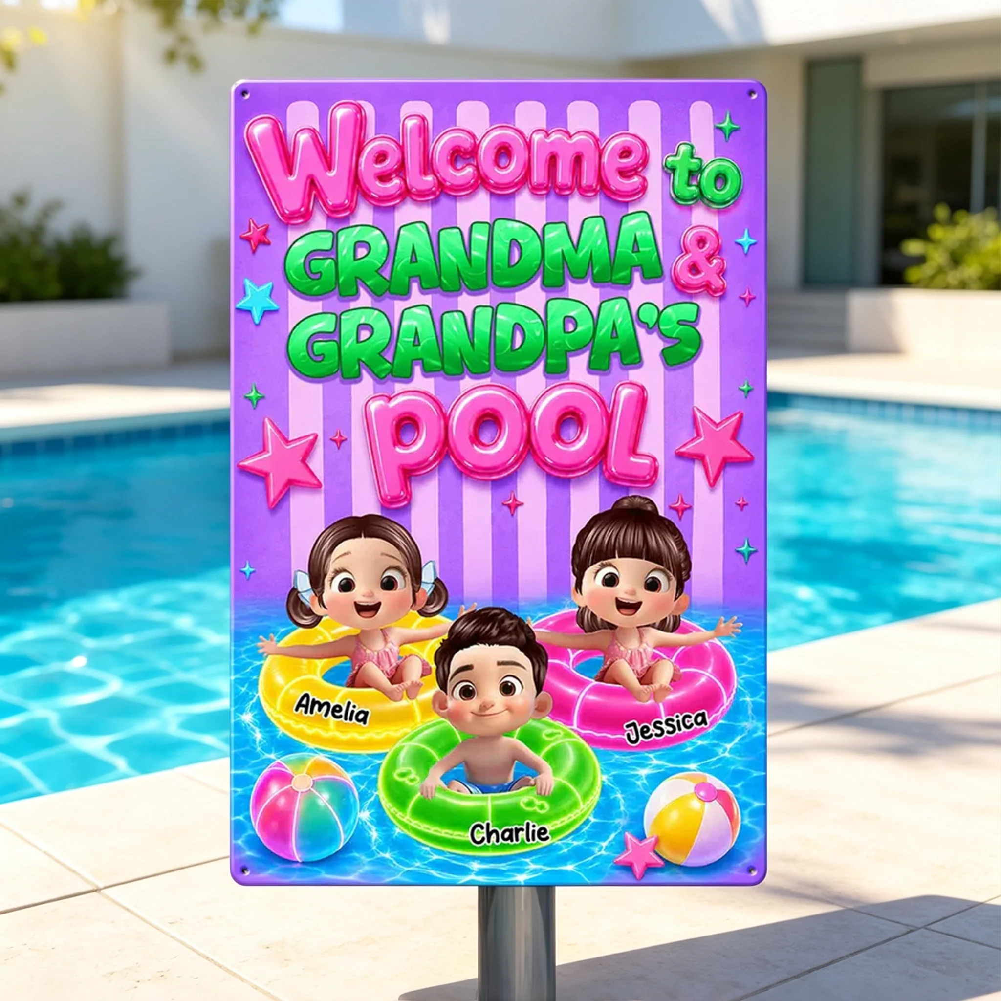 Personalized Rectangular Iron Sign, Neon Grandma & Grandpa Pool Decor, Unique Gift for Grandparents