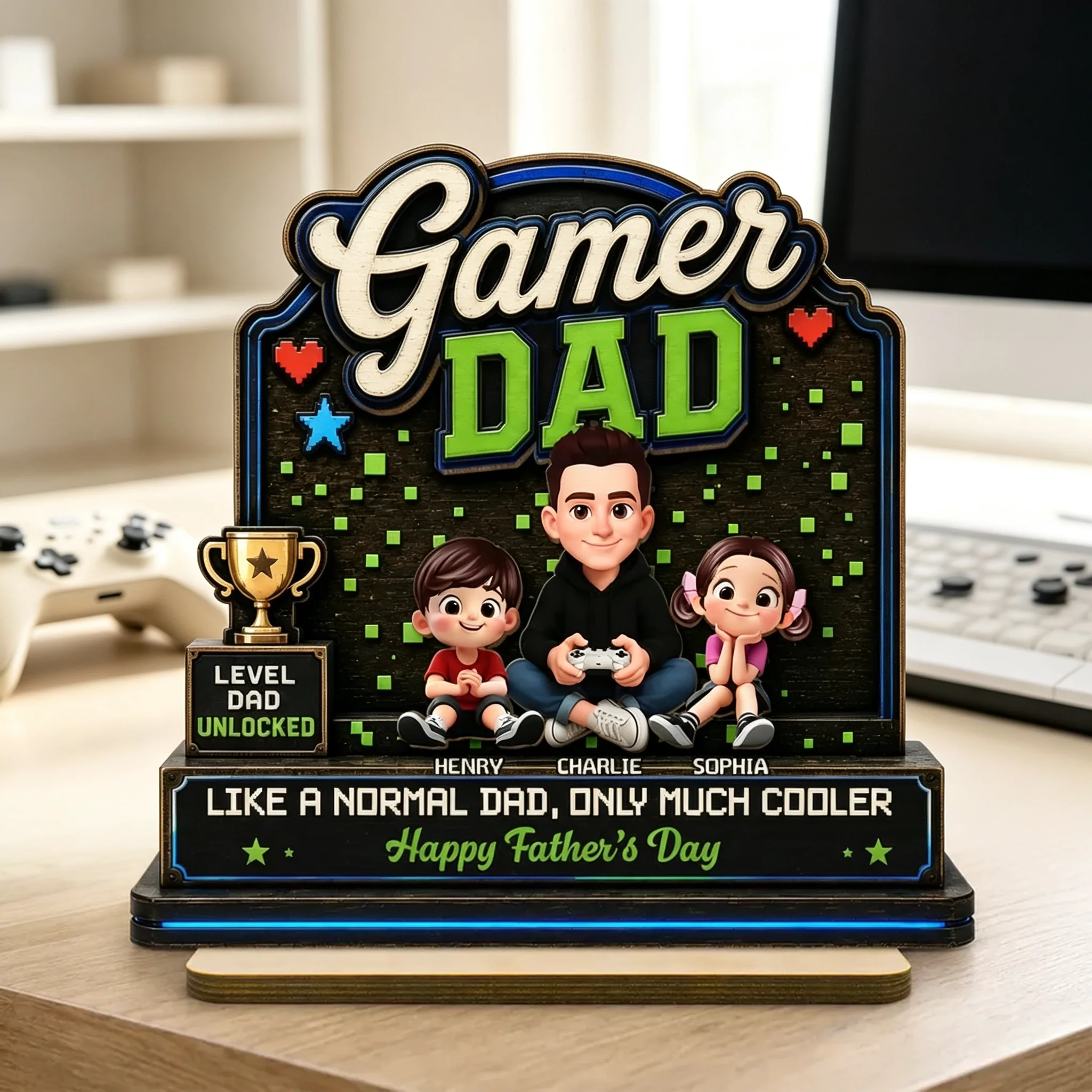 Personalized 2-Layer Wooden Plaque For Gamer Dad, Sitting Dad & Kids, Creative Father's Day Gift