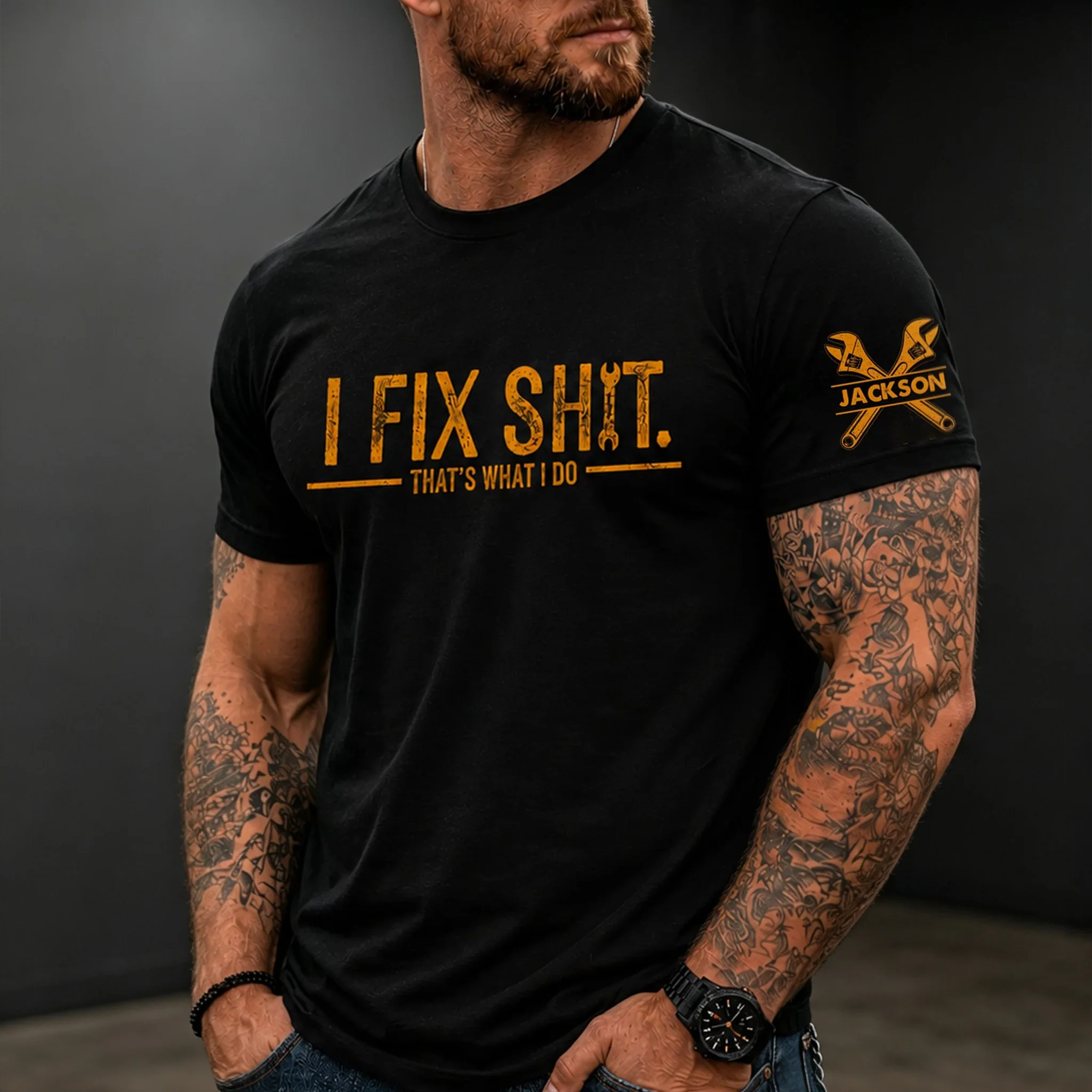 Funny Custom Dual Print Classic Tee With Wrench Sleeve Art, Creative Gift For Handy Grandpa & Dad