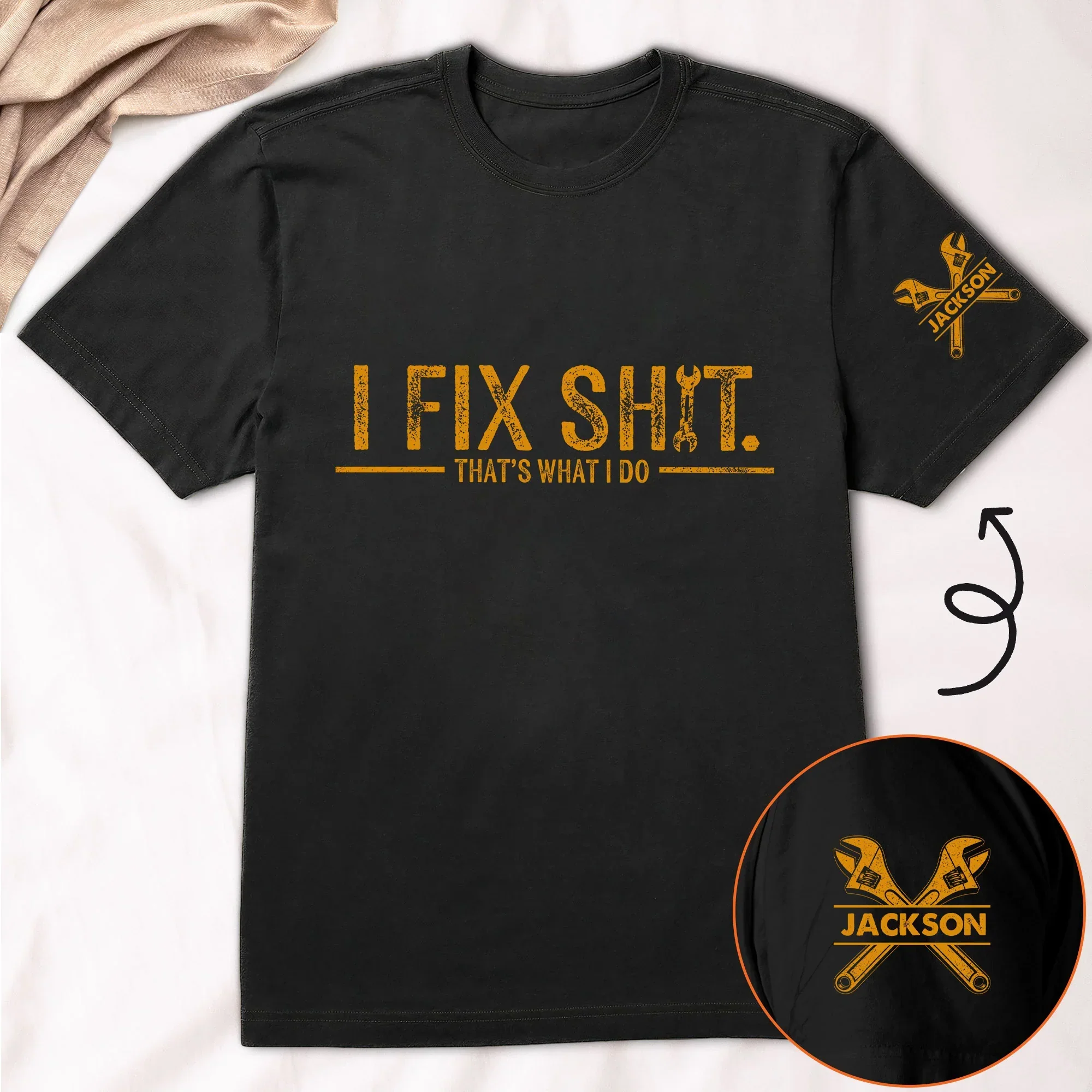 Funny Custom Dual Print Classic Tee With Wrench Sleeve Art, Creative Gift For Handy Grandpa & Dad - Image 2