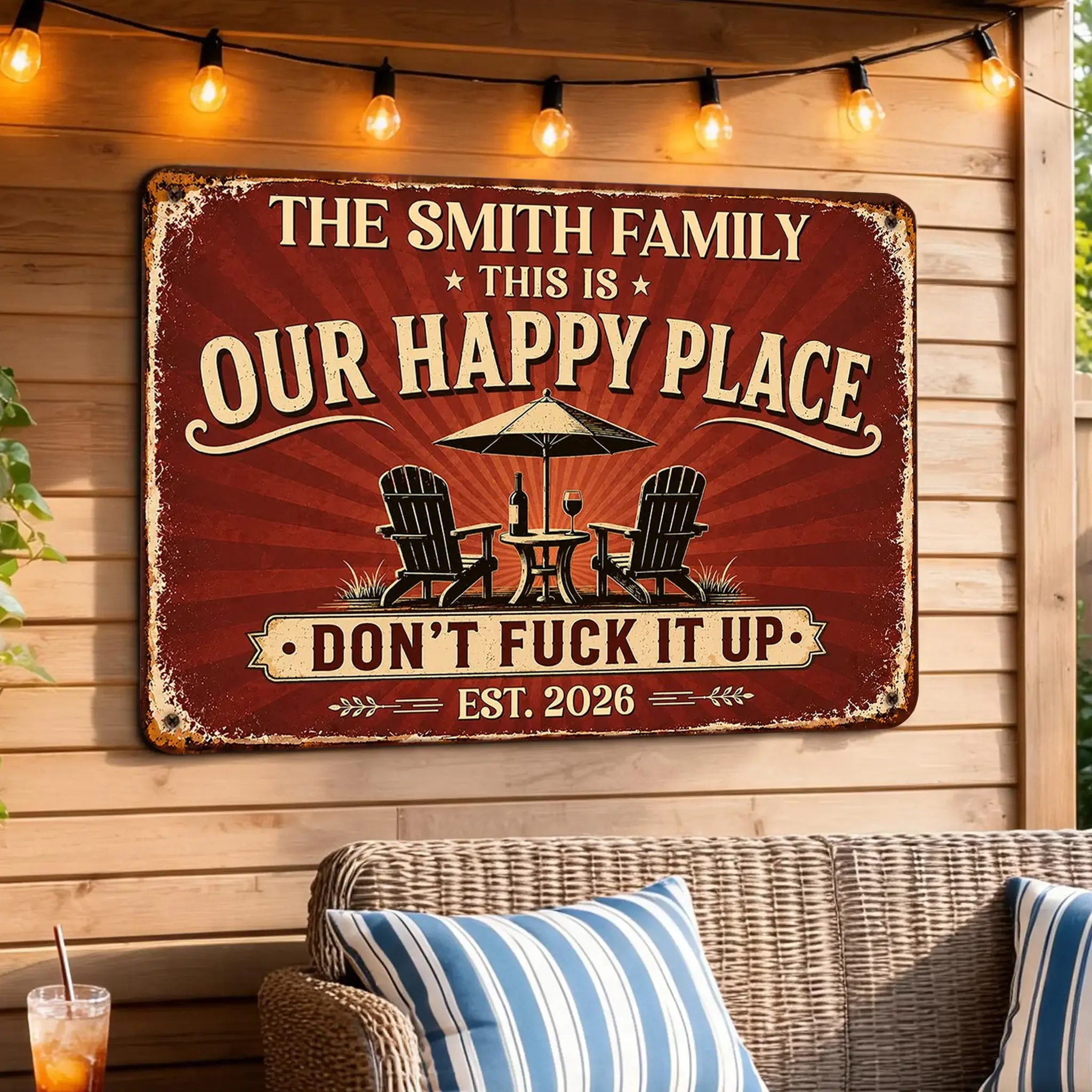 Custom Happy Place Rectangular Iron Sign, Personalized Backyard Decor, Unique Gift for Family