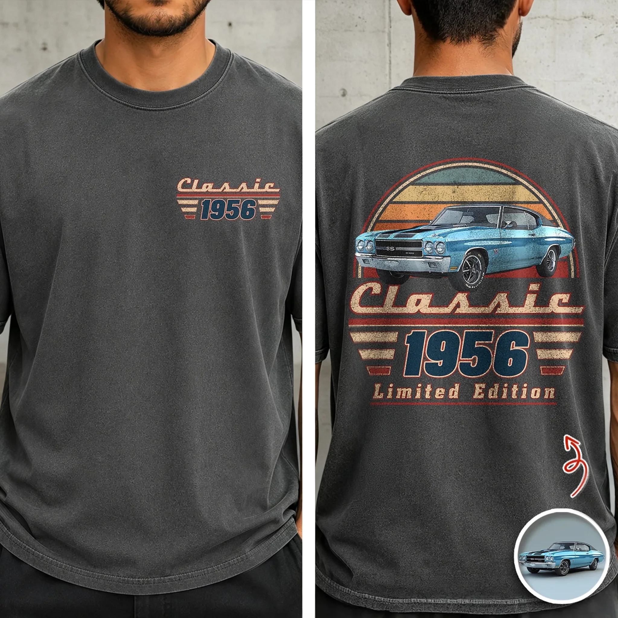 Personalized Car Photo Dual Print Classic Tee, Vintage Auto Artwork, Unique Gift For Dad & Grandpa