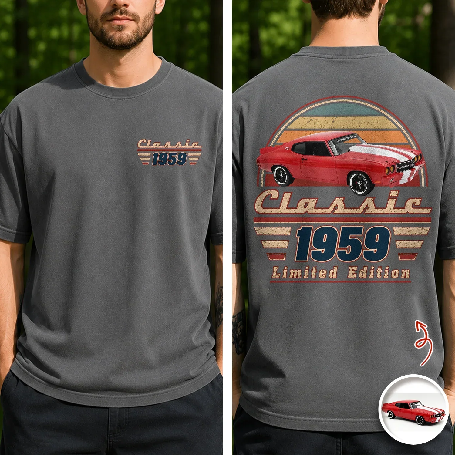 Personalized Car Photo Dual Print Classic Tee, Vintage Auto Artwork, Unique Gift For Dad & Grandpa - Image 2