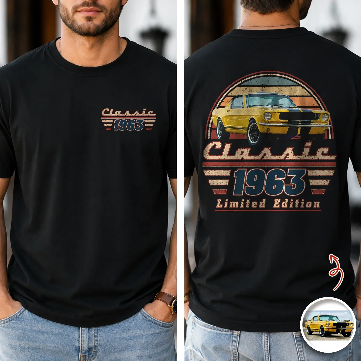 Personalized Car Photo Dual Print Classic Tee, Vintage Auto Artwork, Unique Gift For Dad & Grandpa - Image 3
