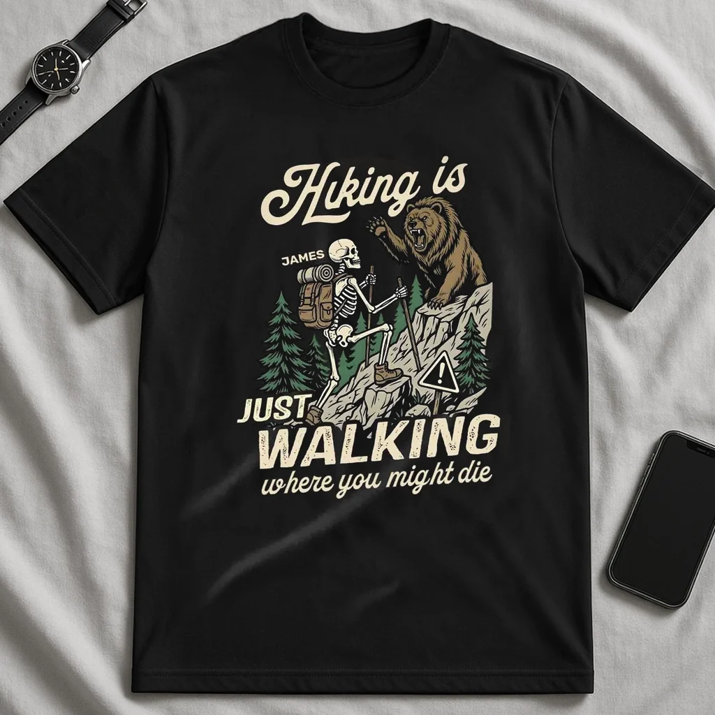 Hiking Is Just Walking Classic Tee, Creative Gift For Hikers With Vintage Bear Forest Art