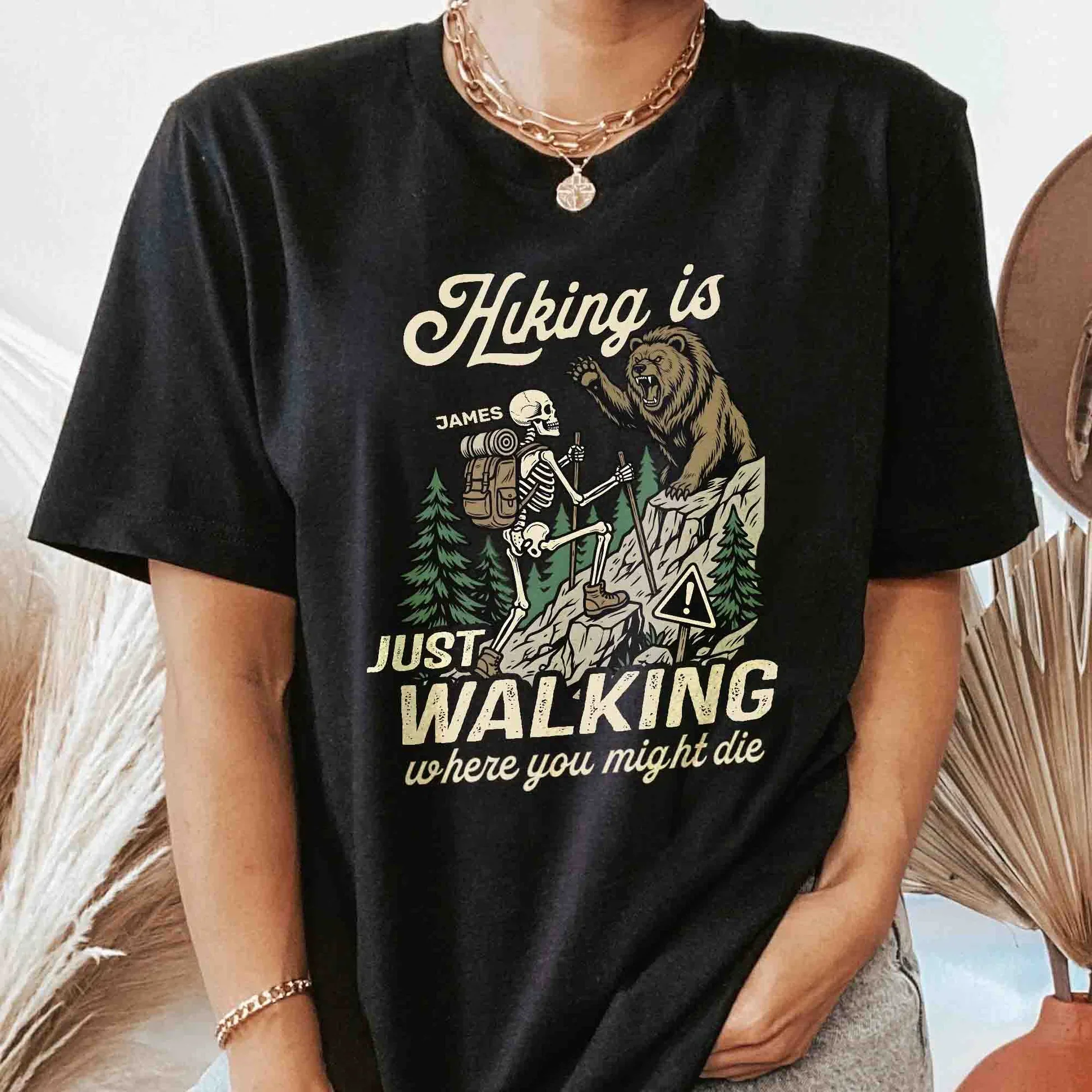 Hiking Is Just Walking Classic Tee, Creative Gift For Hikers With Vintage Bear Forest Art - Image 2