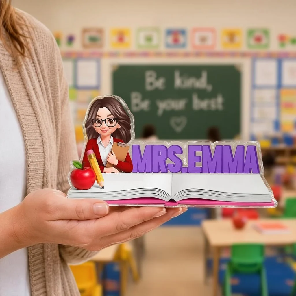 Teacher Shaped Acrylic Block Plaque, Personalized Classroom Desk Decor, Unique Gift with Heart