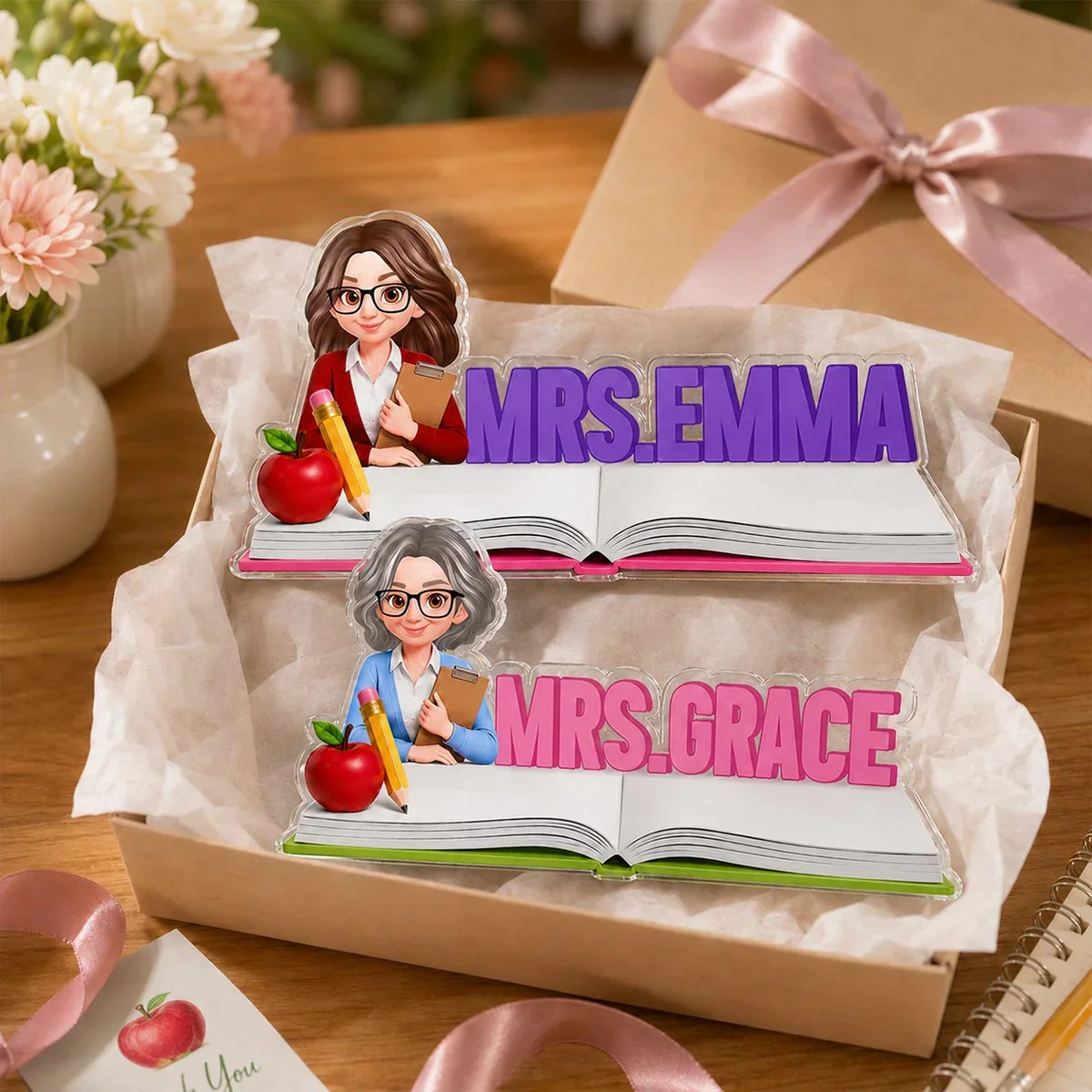 Teacher Shaped Acrylic Block Plaque, Personalized Classroom Desk Decor, Unique Gift with Heart - Image 3