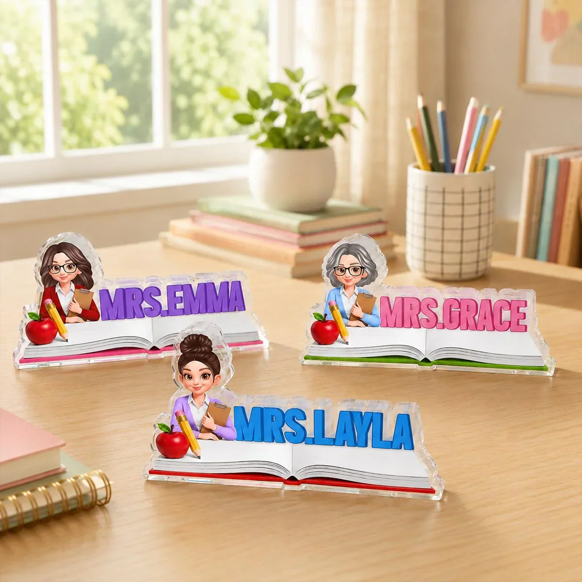 Teacher Shaped Acrylic Block Plaque, Personalized Classroom Desk Decor, Unique Gift with Heart - Image 5