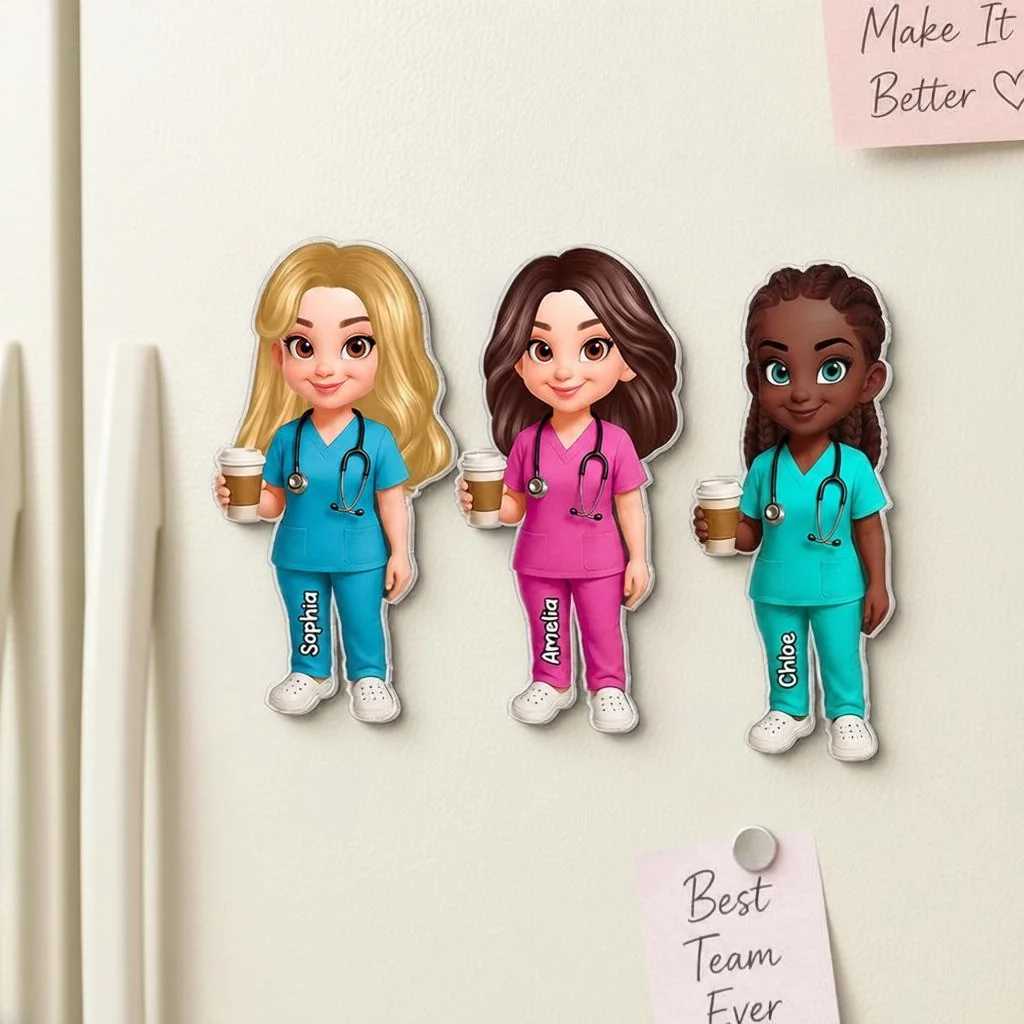 Personalized Acrylic Fridge Magnet With Cartoon Nurse Holding Coffee, Unique Gift For Nurse Coworker
