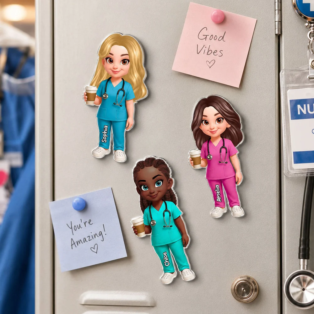 Personalized Acrylic Fridge Magnet With Cartoon Nurse Holding Coffee, Unique Gift For Nurse Coworker - Image 2