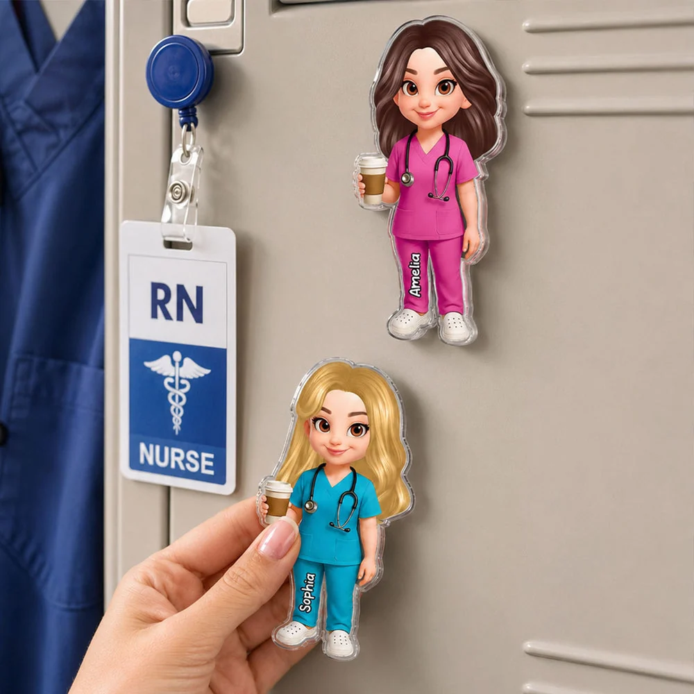 Personalized Acrylic Fridge Magnet With Cartoon Nurse Holding Coffee, Unique Gift For Nurse Coworker - Image 3
