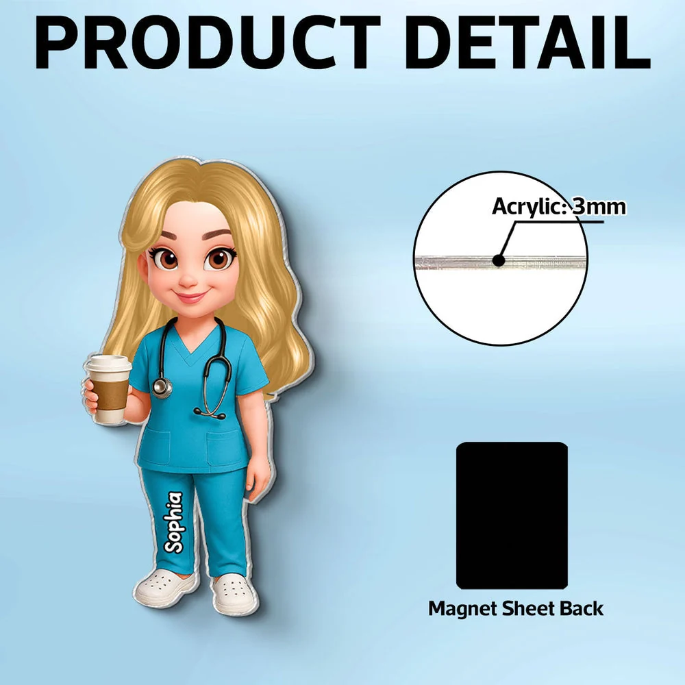 Personalized Acrylic Fridge Magnet With Cartoon Nurse Holding Coffee, Unique Gift For Nurse Coworker - Image 5