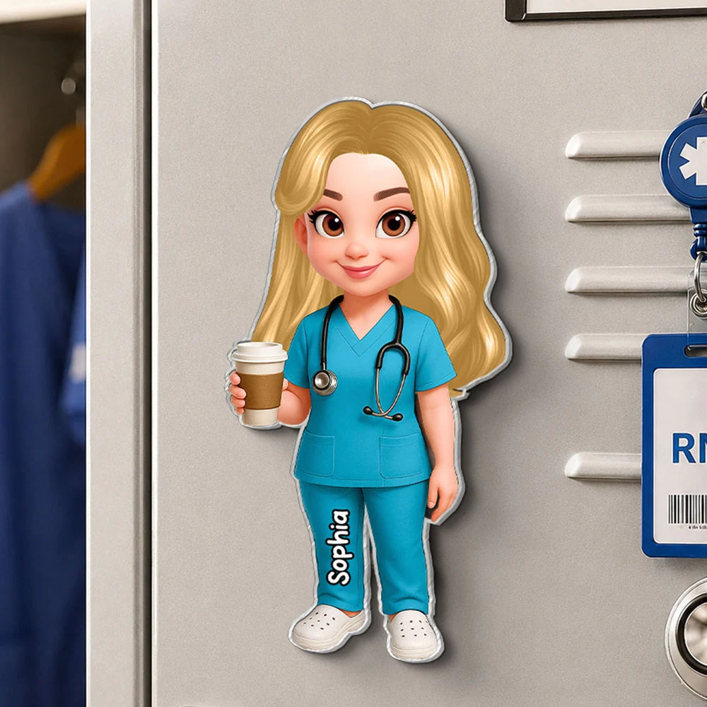 Personalized Acrylic Fridge Magnet With Cartoon Nurse Holding Coffee, Unique Gift For Nurse Coworker - Image 6