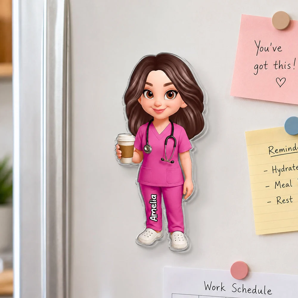 Personalized Acrylic Fridge Magnet With Cartoon Nurse Holding Coffee, Unique Gift For Nurse Coworker - Image 7