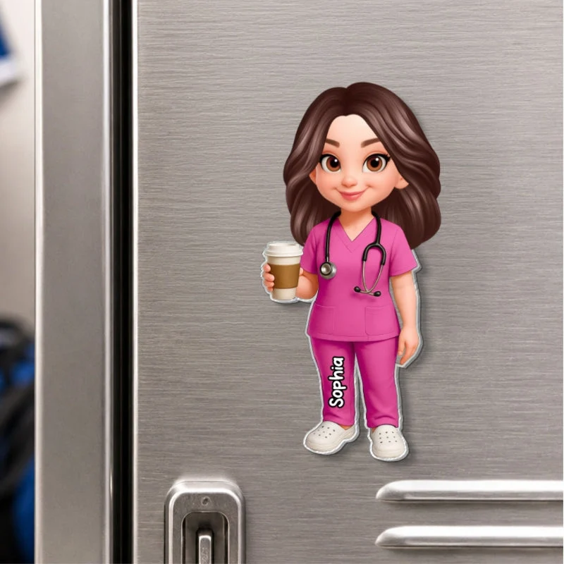 Personalized Acrylic Fridge Magnet With Cartoon Nurse Holding Coffee, Unique Gift For Nurse Coworker - Image 8