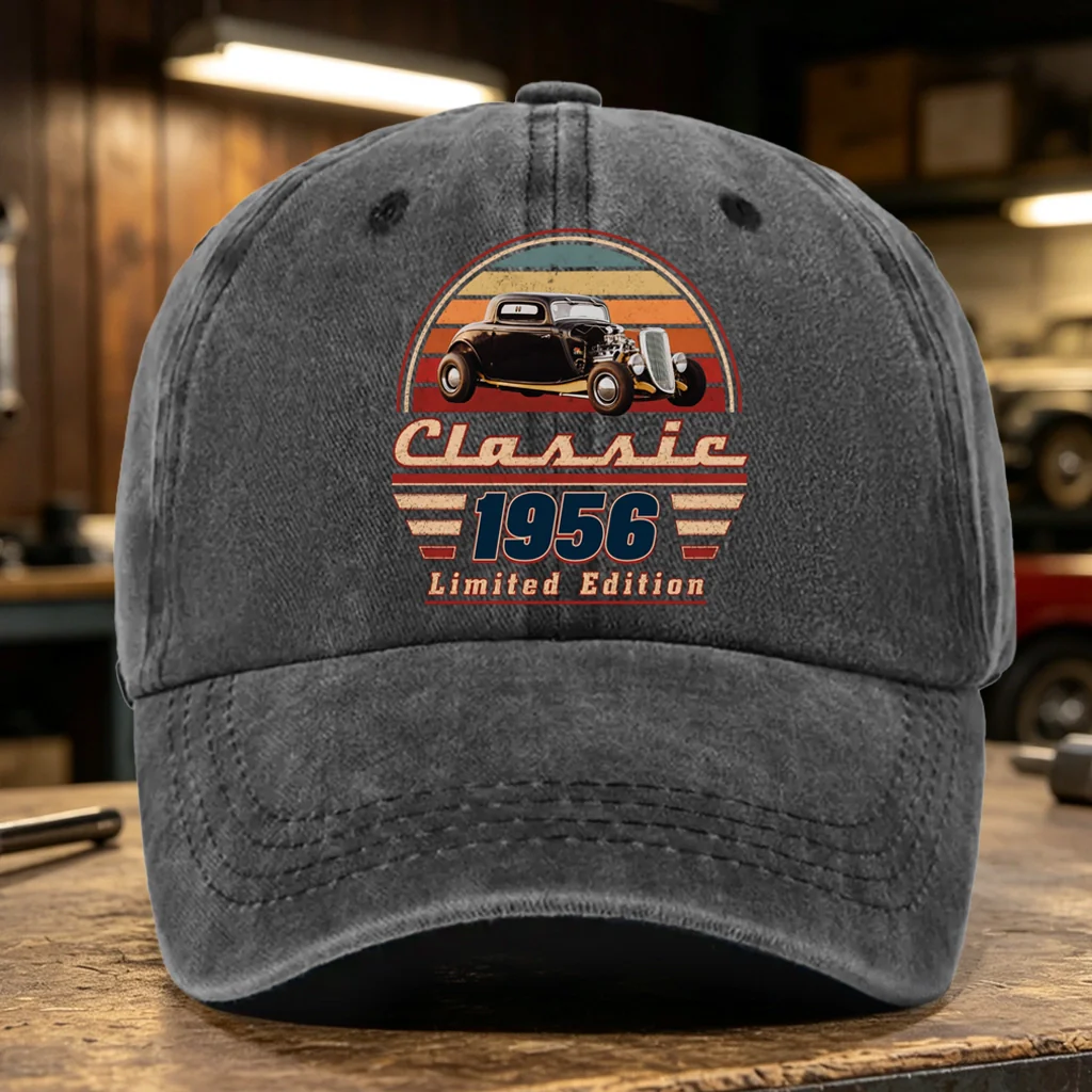 Personalized Washed Denim Baseball Cap with Vintage Car Art, Unique Gift for Dad & Grandpa