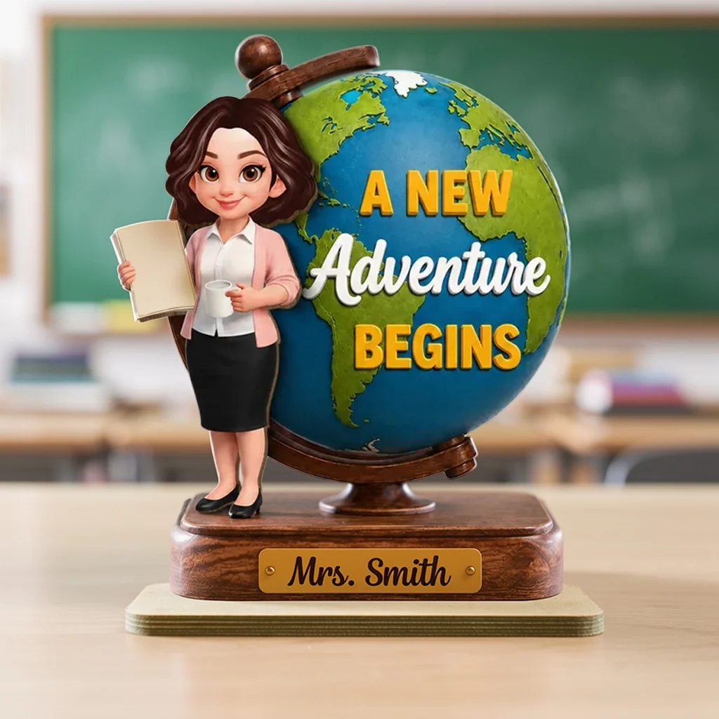 Teacher World Globe Wooden Plaque, Personalized Unique Gift for Back to School, A New Adventure Begins