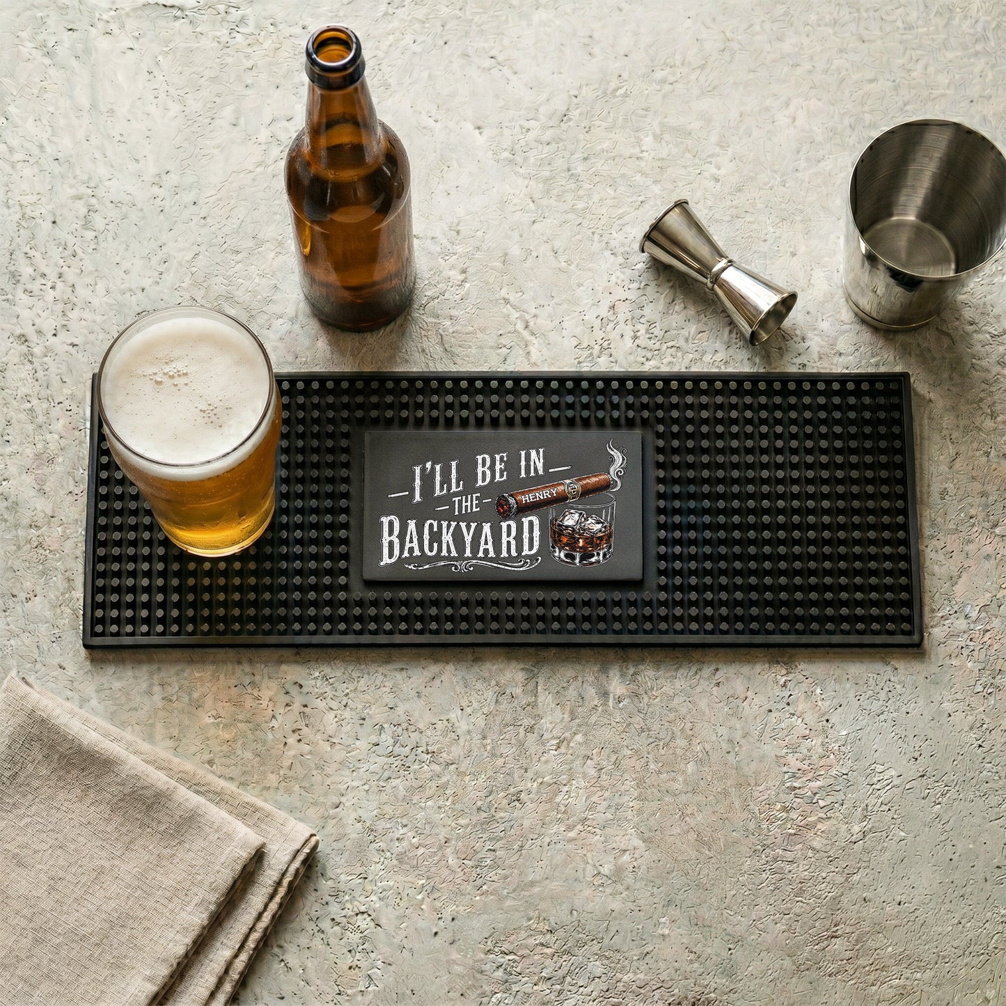 Personalized Rubber Bartender Mat, I'll Be In The Backyard Cigar & Whiskey Design, Unique Gift for Him - Image 2