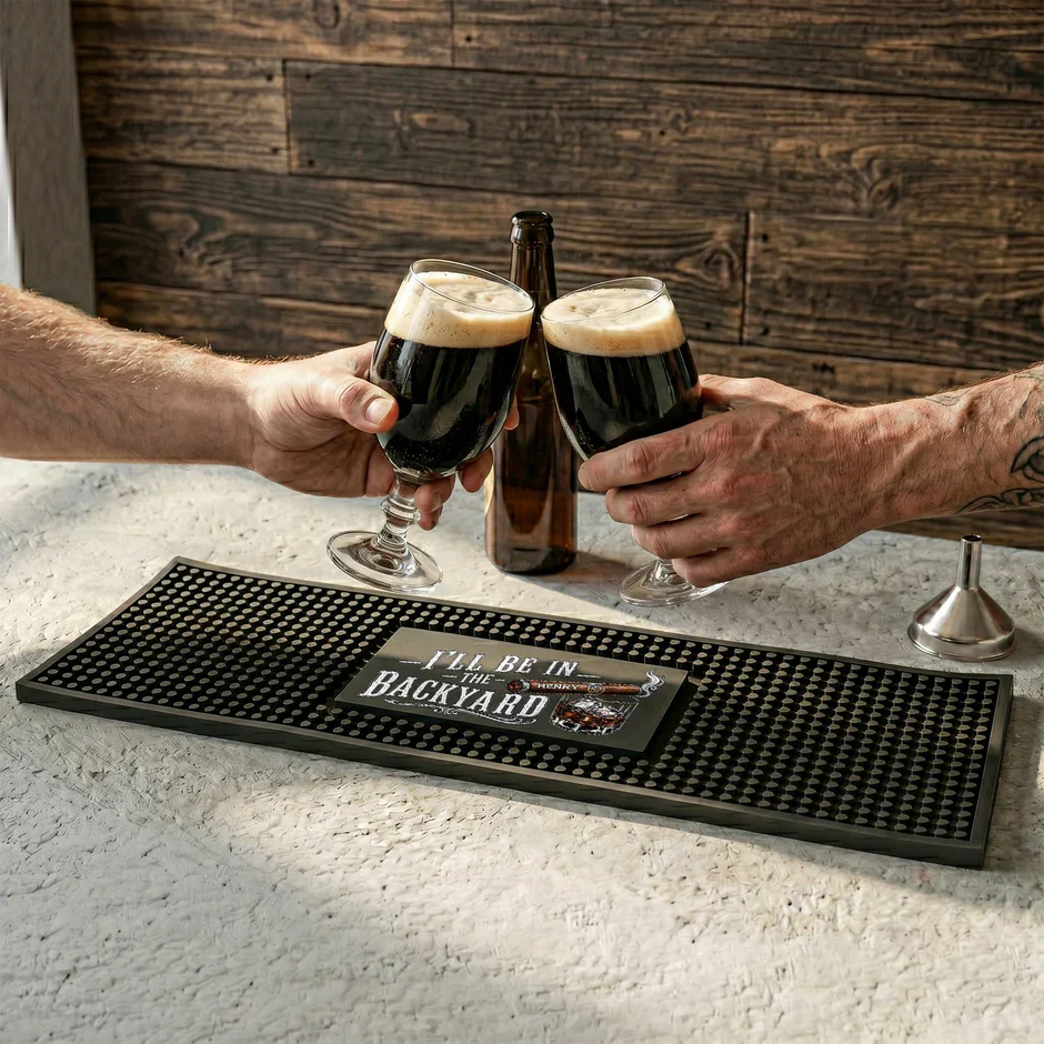 Personalized Rubber Bartender Mat, I'll Be In The Backyard Cigar & Whiskey Design, Unique Gift for Him - Image 5